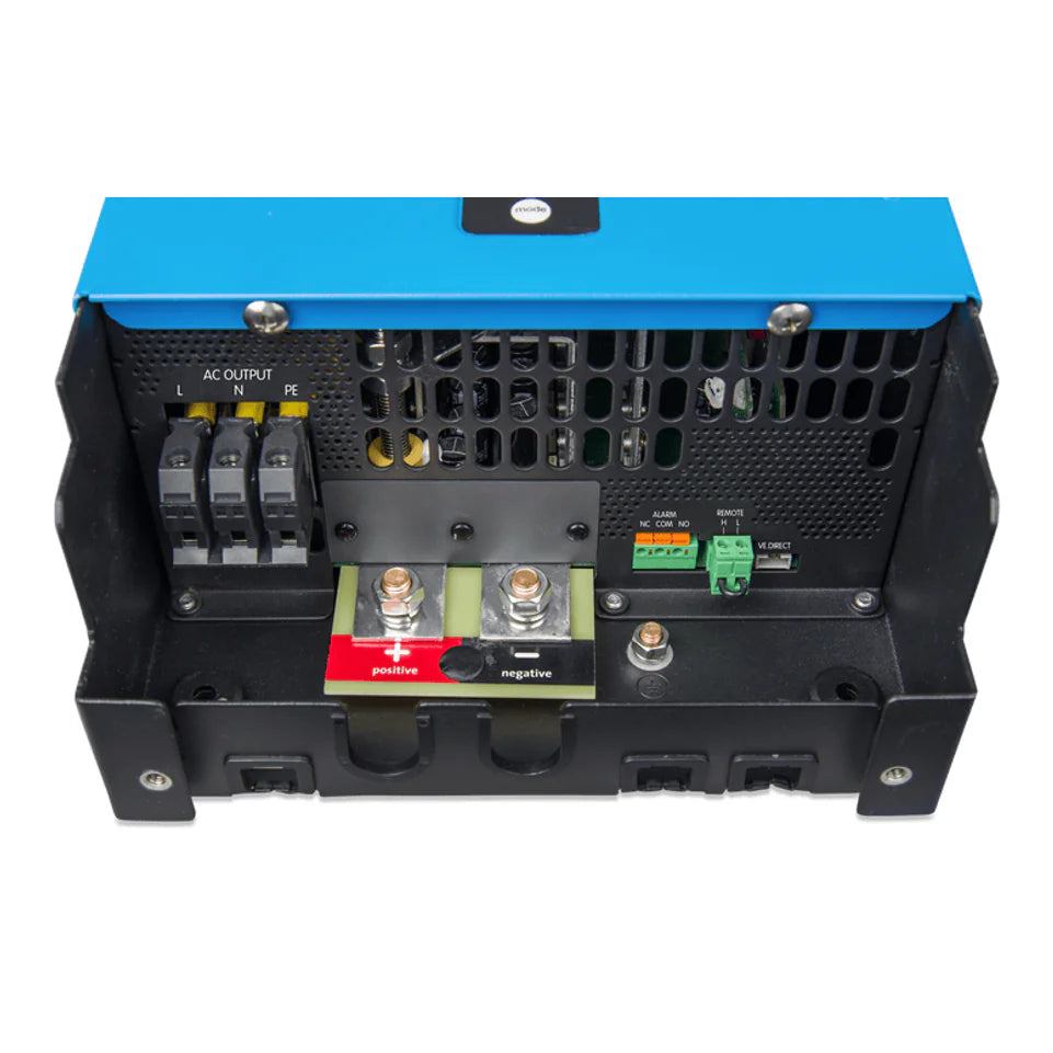 Connection panel with AC screw terminals, M8 battery bolts and VE.Direct communication port