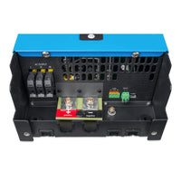 Connection panel with AC screw terminals, M8 battery bolts and VE.Direct communication port