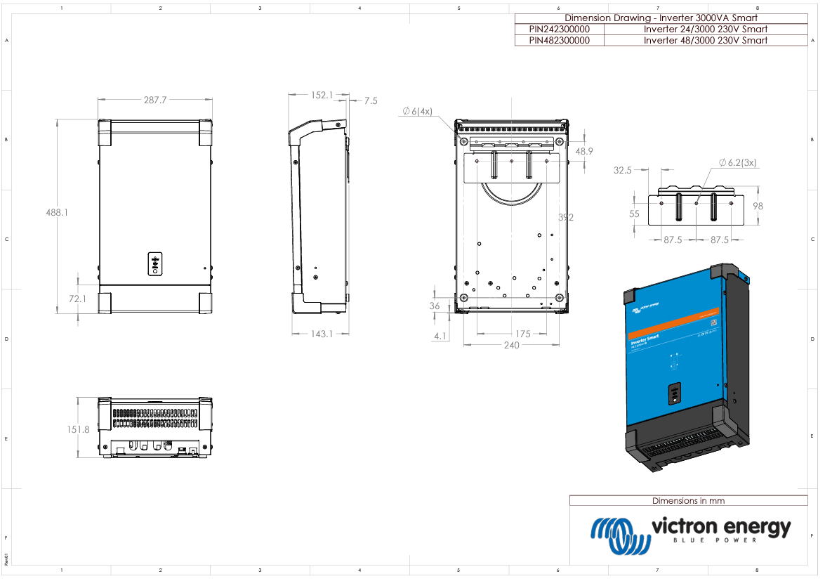 Dimensional schematic drawing of the 3000VA smart inverter in millimetres