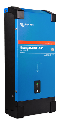 Left side angled view of the blue Victron Phoenix Smart 12/2000 230V inverter