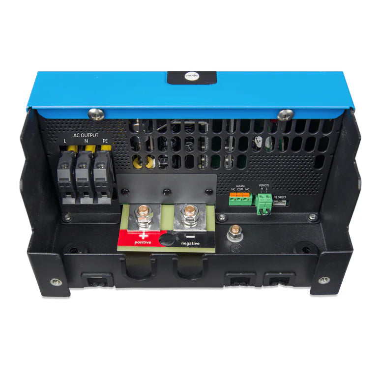Bottom connection panel of the inverter showing electrical terminals and communication ports