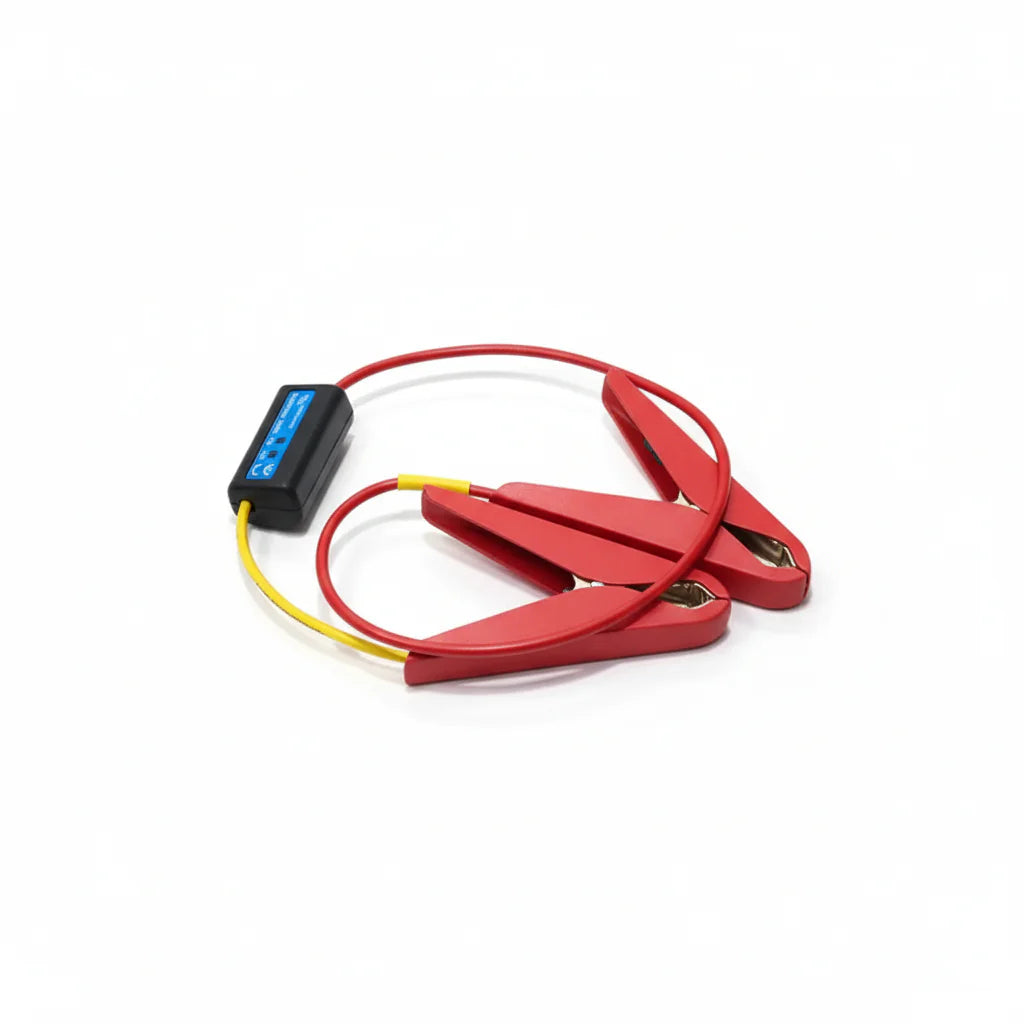 Red pre-charge cable with insulated crocodile clips and inline electronic module for DC systems