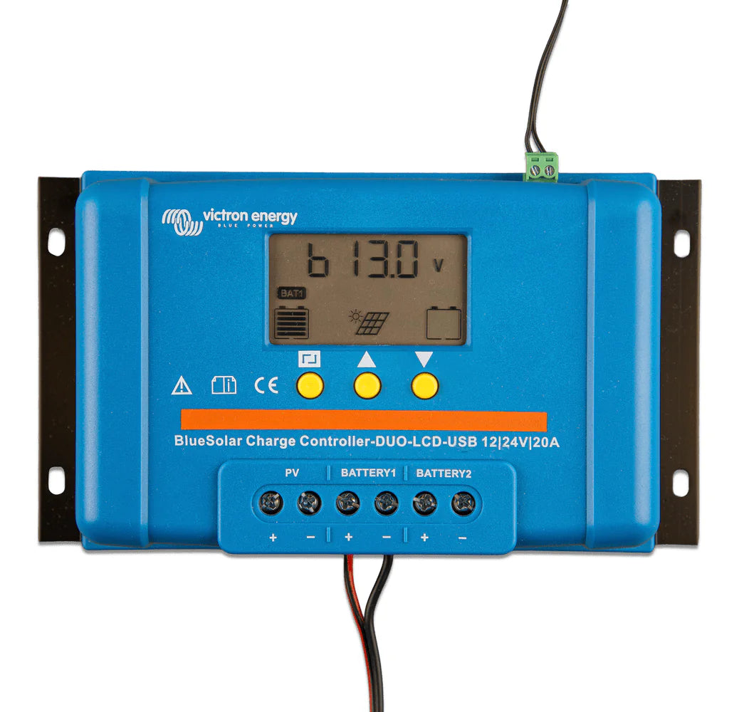 Victron PWM solar charge controller with connected battery and sensor wiring