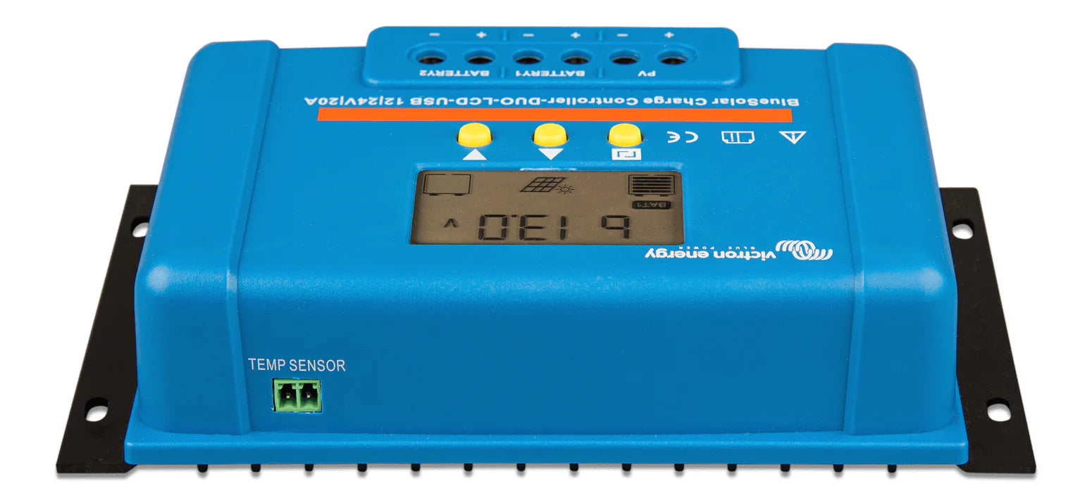Side view of Victron dual battery solar controller showing temperature sensor port