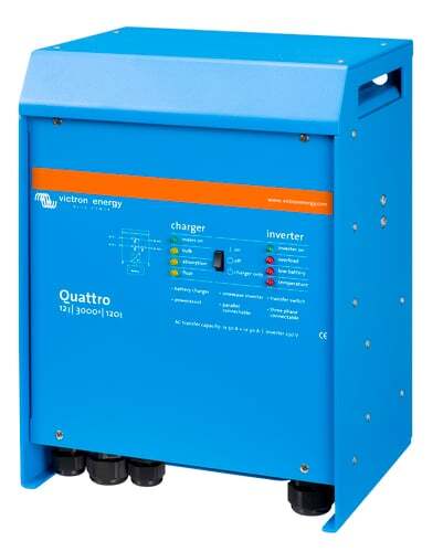 Angled side view of blue Victron Quattro inverter charger showing aluminium enclosure and mounting points