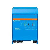 Front view of blue Victron Quattro 12/3000 inverter charger with status LEDs and operation switch
