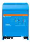 Front view of blue Victron Quattro 12/3000 inverter charger with status LEDs and operation switch