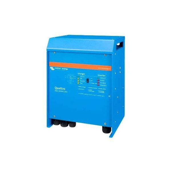 Perspective view of the Quattro inverter charger showing its blue aluminium body and side handles