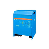 Perspective view of the Quattro inverter charger showing its blue aluminium body and side handles