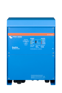Front view of blue Victron Quattro 24V 8000VA inverter charger with status LED indicators