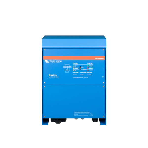 Front view of Victron Quattro 48V 8000VA inverter charger showing indicator LEDs and main switch