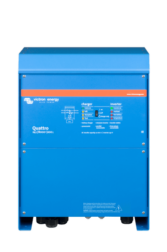 Front view of Victron Quattro 48V 8000VA inverter charger showing indicator LEDs and main switch