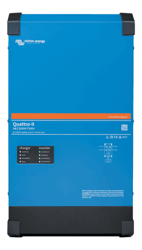 Front view of the blue Victron Quattro-II 24V 5000VA inverter charger