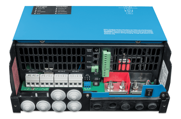 Internal connection terminals of the Victron Quattro-II 5000VA with cover removed