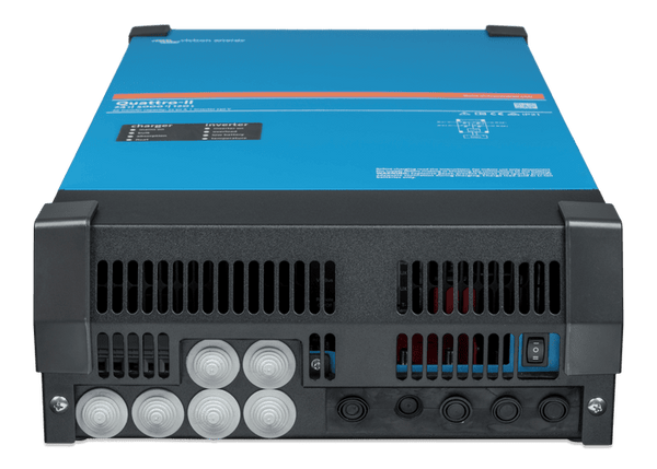 Bottom view of Victron Quattro-II showing cable entry ports and status switch