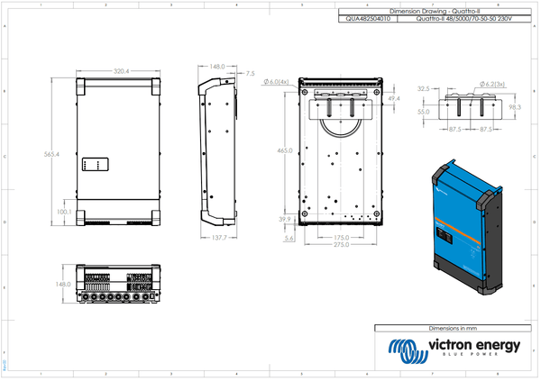 Dimensional drawing of the Victron Quattro-II 48/5000/70-50/50 in millimetres