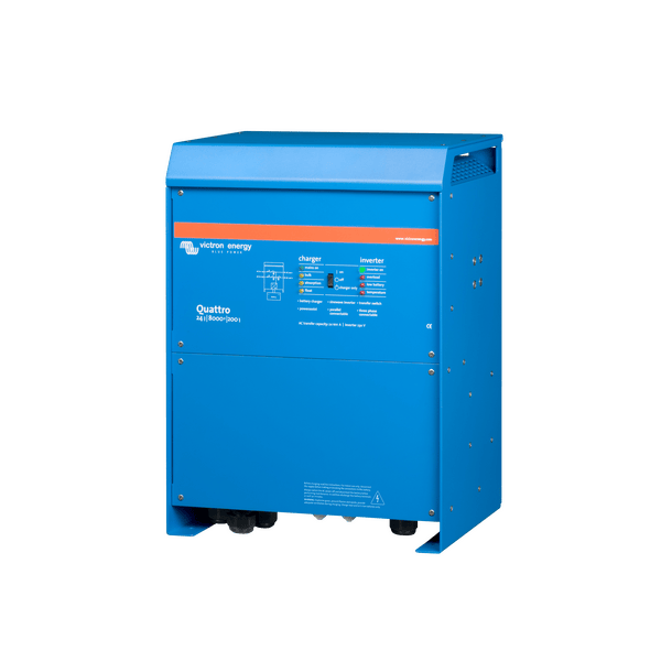 Angled view of the blue aluminium enclosure for the Victron Quattro 8000VA inverter charger