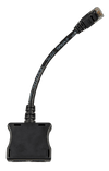 Underside view of the RJ45 splitter and male connector on black cable