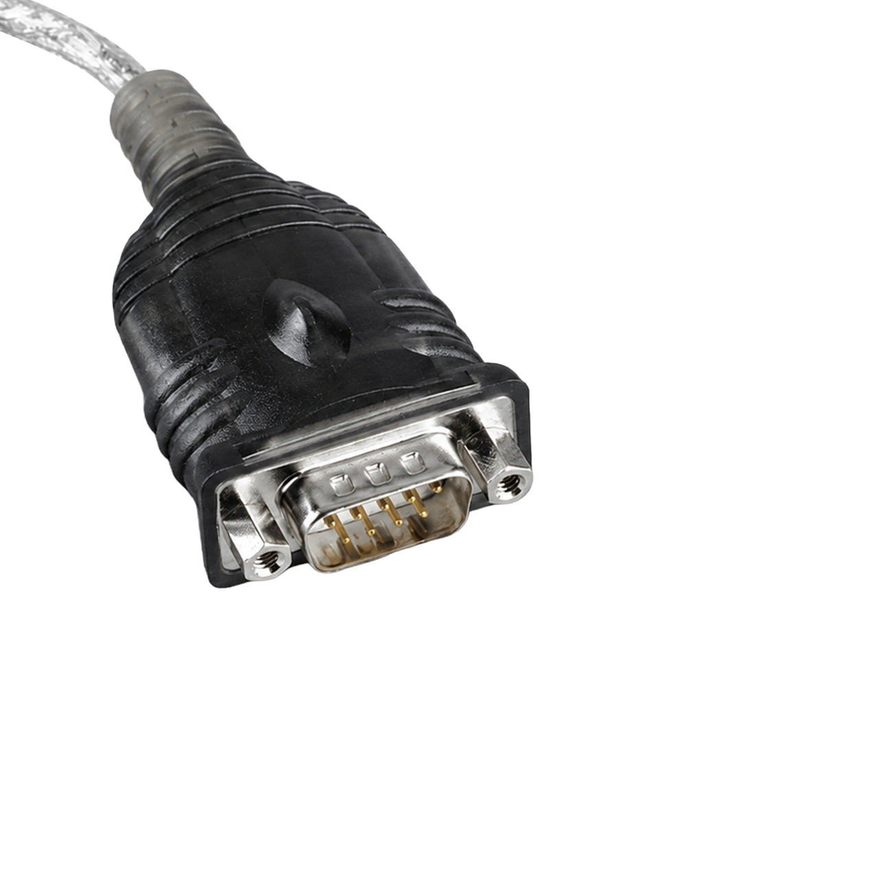 Close up RS232 to USB converter cable with silver braided wire and male DB9 connector