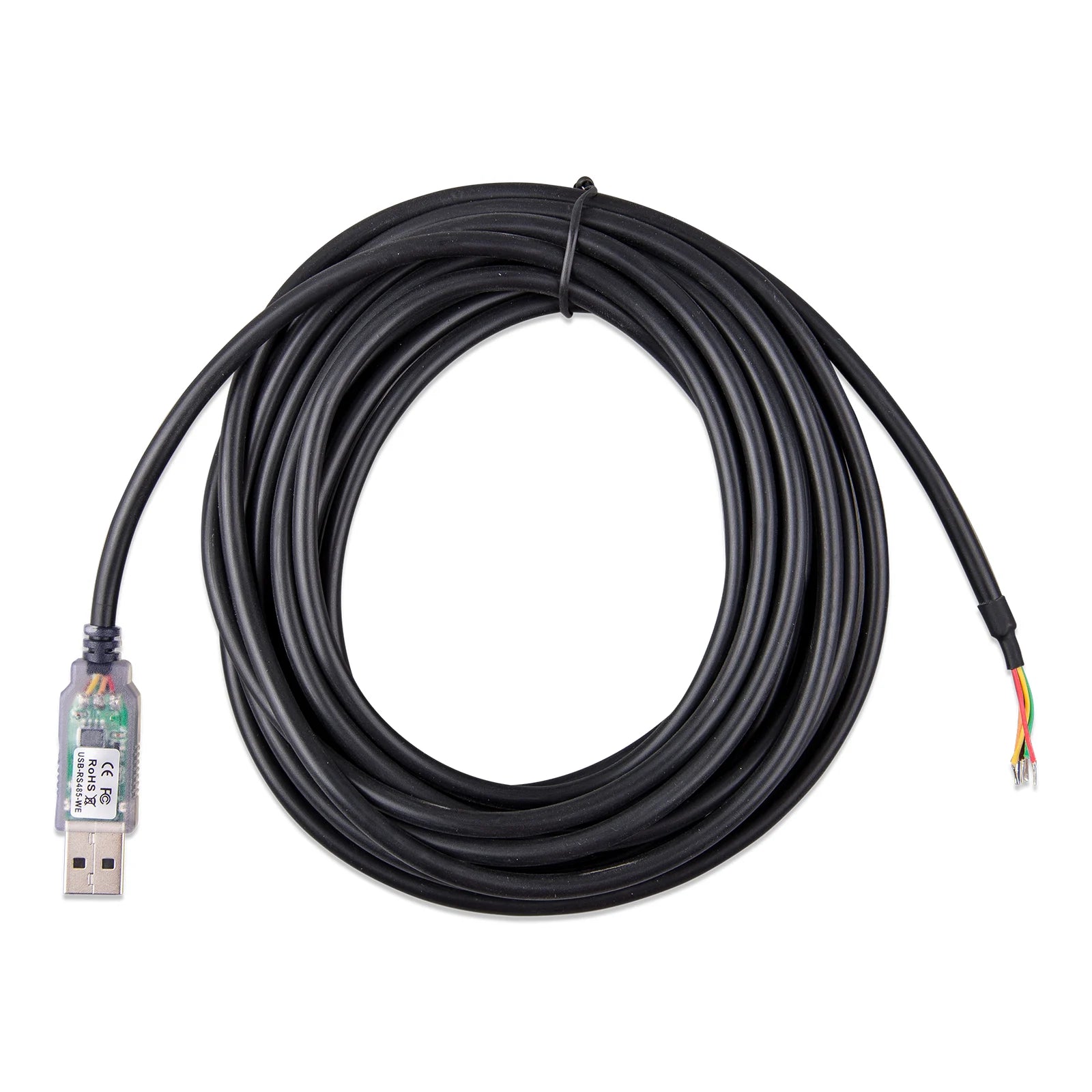 Coiled black 5m RS485 to USB interface cable with stripped wire ends and USB-A plug