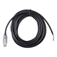 Coiled black 5m RS485 to USB interface cable with stripped wire ends and USB-A plug