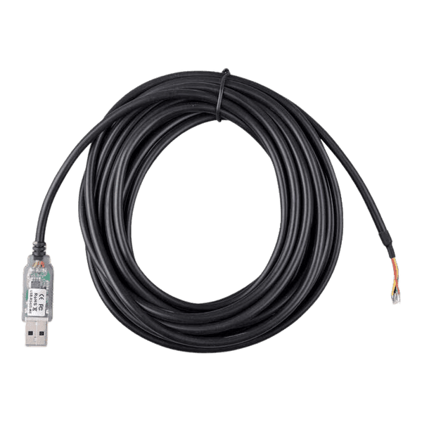 Coiled five metre Victron RS485 to USB interface cable with USB-A connector and stripped wire ends