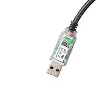Close-up of the clear USB-RS485-WE connector showing internal PCB and labels
