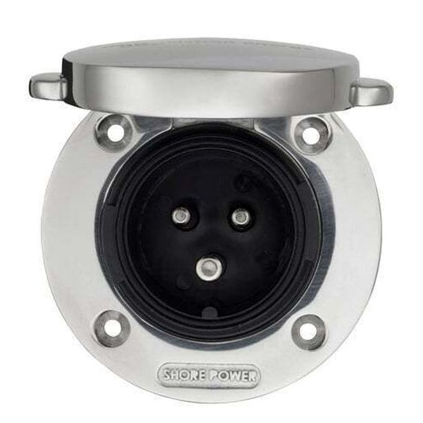 Front view of open Victron shore power inlet showing three male pins and internal gasket