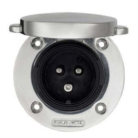 Front view of open Victron shore power inlet showing three male pins and internal gasket