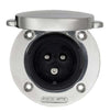 Front view of open Victron shore power inlet showing three male pins and internal gasket