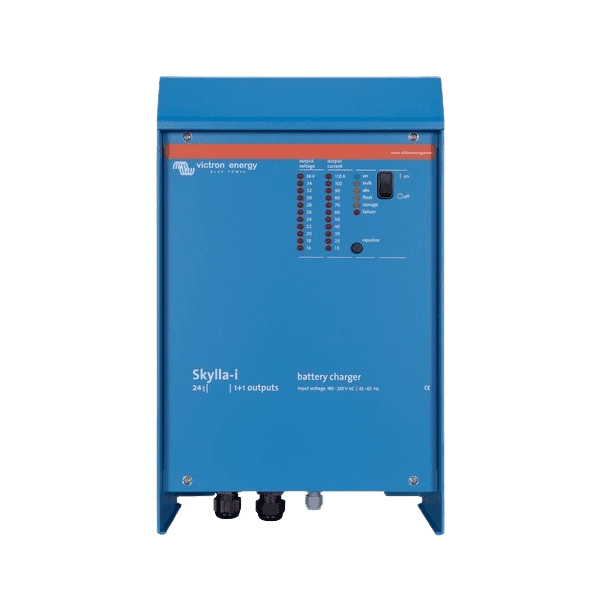 Front view of Victron Skylla-i 24V 100A battery charger showing status LEDs and control switch