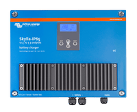 Front view of a blue Victron Skylla-IP65 12V 70A battery charger with digital display and integrated heat sink