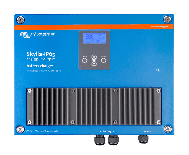 Blue Victron Skylla-IP65 24V 35A battery charger with front LCD display and large heat sink
