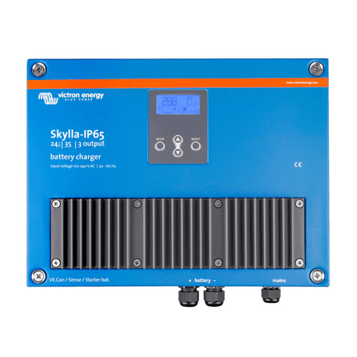Front view of blue Victron Skylla-IP65 24V 35A battery charger with LCD display and cooling fins