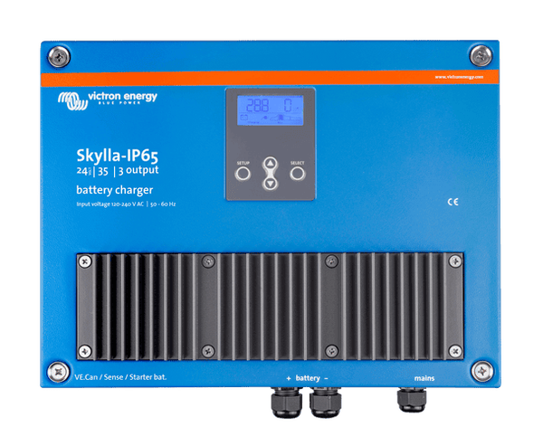 Front view of blue Victron Skylla-IP65 24V 35A battery charger with LCD display and cooling fins