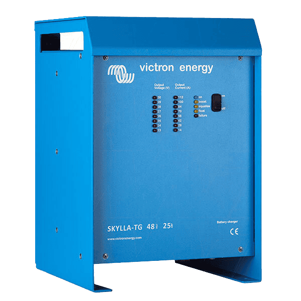 Front view of blue Victron Skylla-TG 48/25 battery charger showing LED status panel and power switch