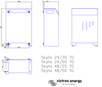 Technical dimensional drawing showing front, side and bottom views of the Skylla-TG battery charger
