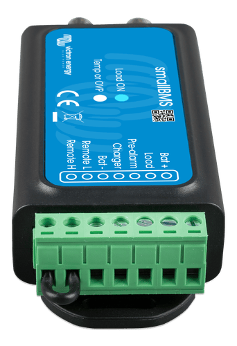Front view of the Victron smallBMS variant with green connector terminals