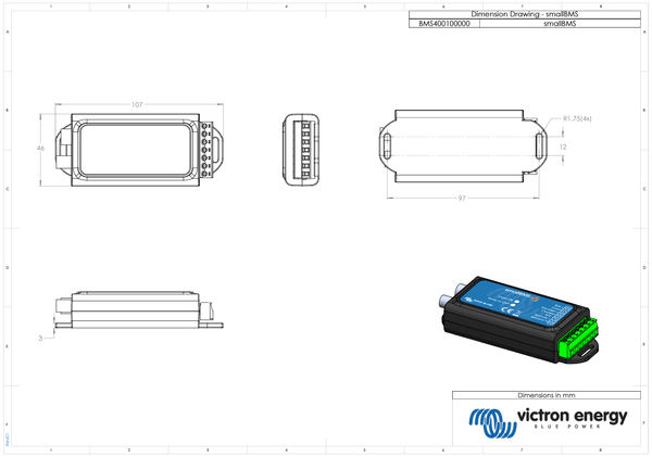 Dimensional drawing of the smallBMS enclosure showing measurements in millimetres