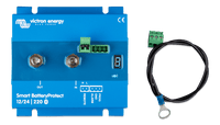 Top-down view of Victron Smart BatteryProtect 220A with M8 terminals, display and connector cable