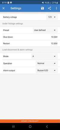 VictronConnect settings screen for BatteryProtect showing customisable shutdown and restart voltage levels