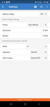 VictronConnect settings screen for BatteryProtect showing customisable shutdown and restart voltage levels