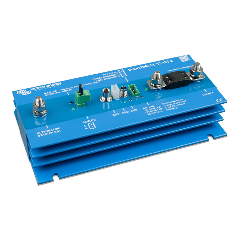 Isometric view of a blue Victron Smart BMS CL 12/100 battery management system with terminal studs and heat sink