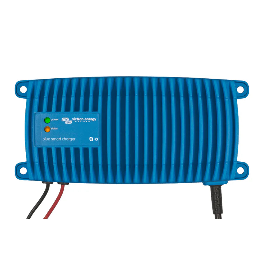 Top-down view of the blue smart battery charger showing cooling fins and status indicator panel