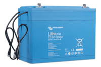 Side perspective of 12V 180Ah Victron lithium battery showing BMS cable entry points
