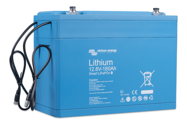Side perspective of 12V 180Ah Victron lithium battery showing BMS cable entry points