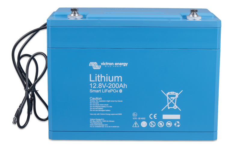 Angled front view of blue Victron lithium battery showing durable enclosure and top terminals