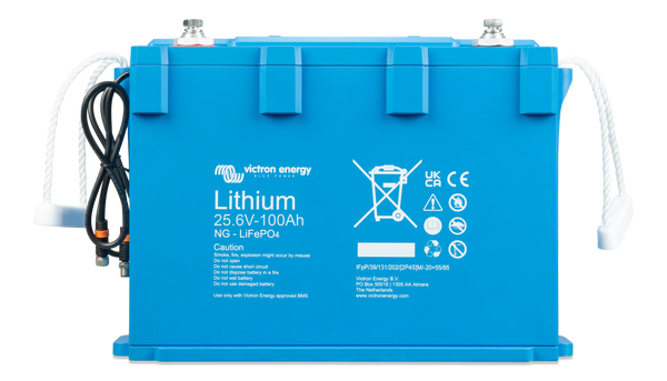 Front view of Victron Smart NG 24V 100Ah LiFePO4 battery showing technical labels