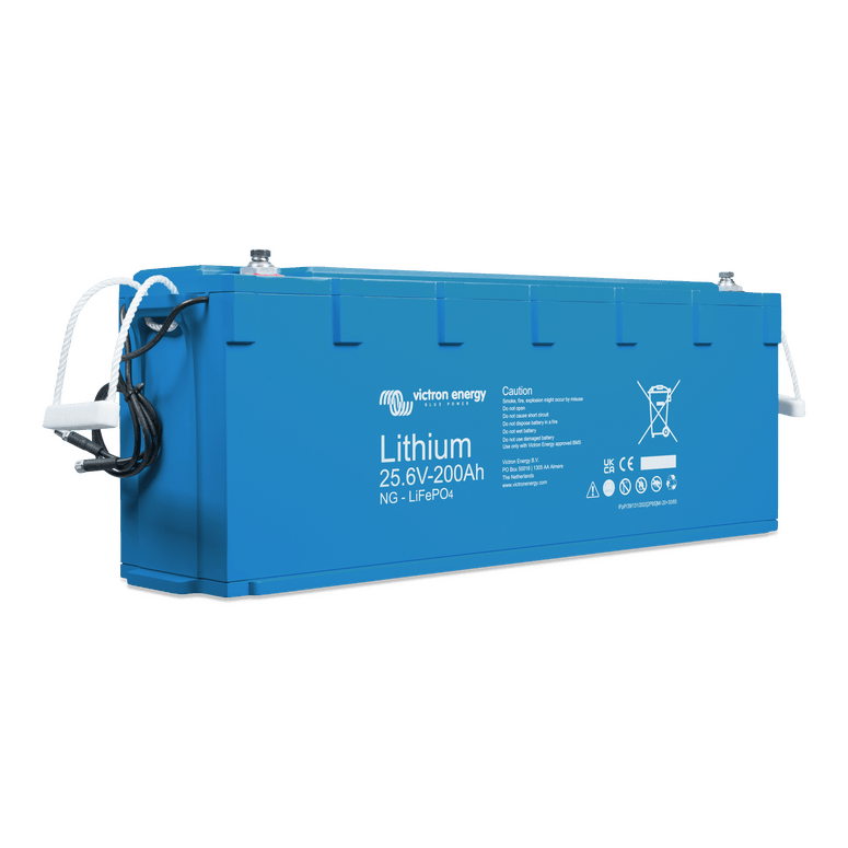 Side view of Victron Smart NG battery showing rope handles and BMS communication cables