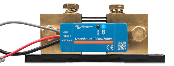 Front view of Victron SmartShunt 1000A IP65 with blue Bluetooth module and brass terminals